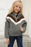 Gray Stripe Color Block Half Zip Girl Fleece Sweatshirt with Pocket