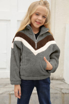 Gray Stripe Color Block Half Zip Girl Fleece Sweatshirt with Pocket