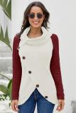 Red Button Turtle Cowl Neck Asymmetric Hem Wrap Pullover Sweater