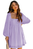 Purple Square Neck Puff Sleeve Babydoll Style Short Dress