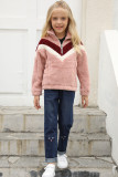 Pink Stripe Color Block Half Zip Girl Fleece Sweatshirt with Pocket