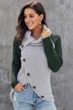 Green Button Turtle Cowl Neck Asymmetric Hem Wrap Pullover Sweater