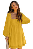 Yellow Square Neck Puff Sleeve Babydoll Style Short Dress