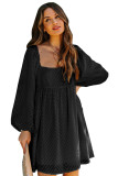 Black Square Neck Puff Sleeve Babydoll Style Short Dress