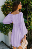 Purple Square Neck Puff Sleeve Babydoll Style Short Dress