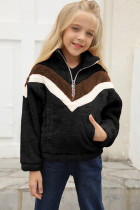 Black Stripe Color Block Half Zip Girl Fleece Sweatshirt with Pocket