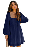 Blue Square Neck Puff Sleeve Babydoll Style Short Dress