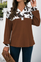 Cow Print Splicing Buttons V-neck Long Sleeve Top Women UNISHE Wholesale