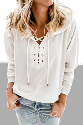 White Casual Solid Color Lace-up Hoodie