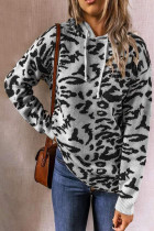Gray Leopard Print Long Sleeve Hooded Sweatshirt