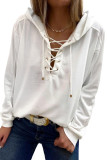 White Casual Solid Color Lace-up Hoodie