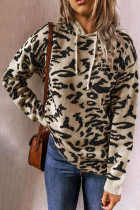 Khaki Leopard Print Long Sleeve Hooded Sweatshirt