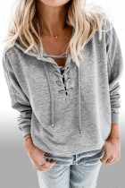 Grey Casual Solid Color Lace-up Hoodie