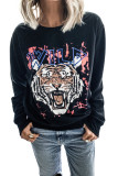 Black Tiger Letter Print Pullover Graphic Sweatshirt