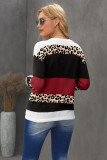 Wine Red Crewneck Leopard Color Block Knit Pullover Sweater