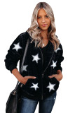 Black Star Print Zipper Fleece Hooded Coat with Pockets