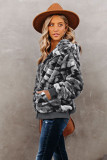 Gray Camo Print Zipper Fleece Hooded Coat with Pockets