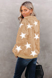 Khaki Star Print Zipper Fleece Hooded Coat with Pockets