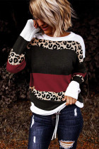 Wine Red Crewneck Leopard Color Block Knit Pullover Sweater