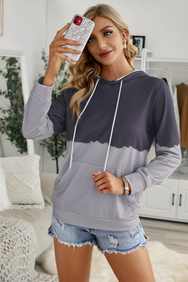 Gray Dip-Dye Colorblock Drawstring Hoodie with Pockets