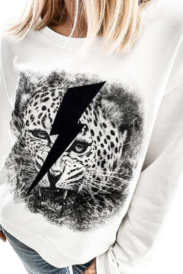 White Leopard Lightning Print Pullover Graphic Sweatshirt
