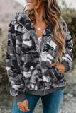 Gray Camo Print Zipper Fleece Hooded Coat with Pockets