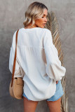 White Casual Balloon Sleeve Crinkled Top