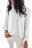 White Solid Color Lace Frilled Trims Long Sleeve Shirt