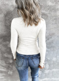 White Crewneck Buttons Ribbed Knit Long Sleeve Top