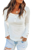 White Crewneck Buttons Ribbed Knit Long Sleeve Top