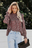 Red Floral Print Smocked Ruffled Long Sleeve Blouse