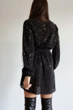 Black Polka Dots Wrap V Neck Ribbed Mini Dress