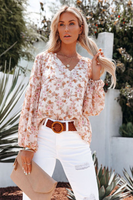White Floral Print V Neck Long Puff Sleeve Top