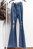 Blue High Waist  Hollow-out Ripped Flare Jeans