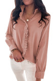 Pink Solid Color Lace Frilled Trims Long Sleeve Shirt