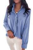 Sky Blue Solid Color Lace Frilled Trims Long Sleeve Shirt