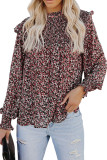 Red Floral Print Smocked Ruffled Long Sleeve Blouse
