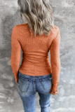Brown Crewneck Buttons Ribbed Knit Long Sleeve Top