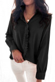 Black Solid Color Lace Frilled Trims Long Sleeve Shirt