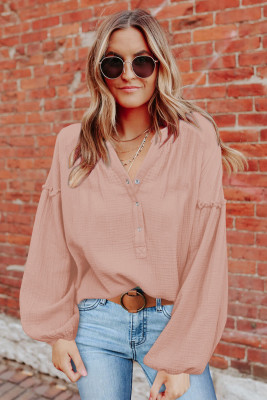 Pink Casual Balloon Sleeve Crinkled Top