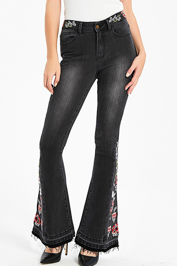 US$ 34.30 - Black Bleach Embroidered Side Bell Bottom Flared Jeans ...