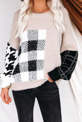Plaid Leopard Color Block O-neck Sweater Women UNISHE Wholesale