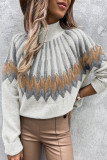 White Stand Collar Geometric Pattern Pullover Sweater