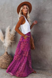 Purple Tiered Paisley Print Pocketed Maxi Skirt