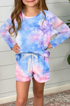 Sky Blue Little Girl Long Sleeve Pullover and Drawstring Shorts Set