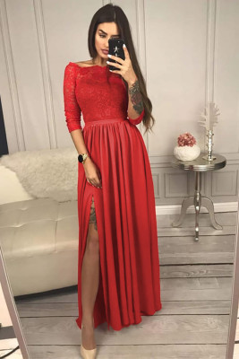 Red Off Shoulder Lace Bodice High Waist Maxi Skirt Evening Dress