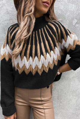 Black Stand Collar Geometric Pattern Pullover Sweater