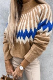 Brown Stand Collar Geometric Pattern Pullover Sweater