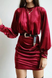 Wine Mock Neck Long Sleeve Ruched Velvet Mini Dress with Hollow-out Back