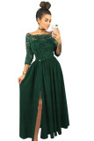 Green Off Shoulder Lace Bodice High Waist Maxi Skirt Evening Dress